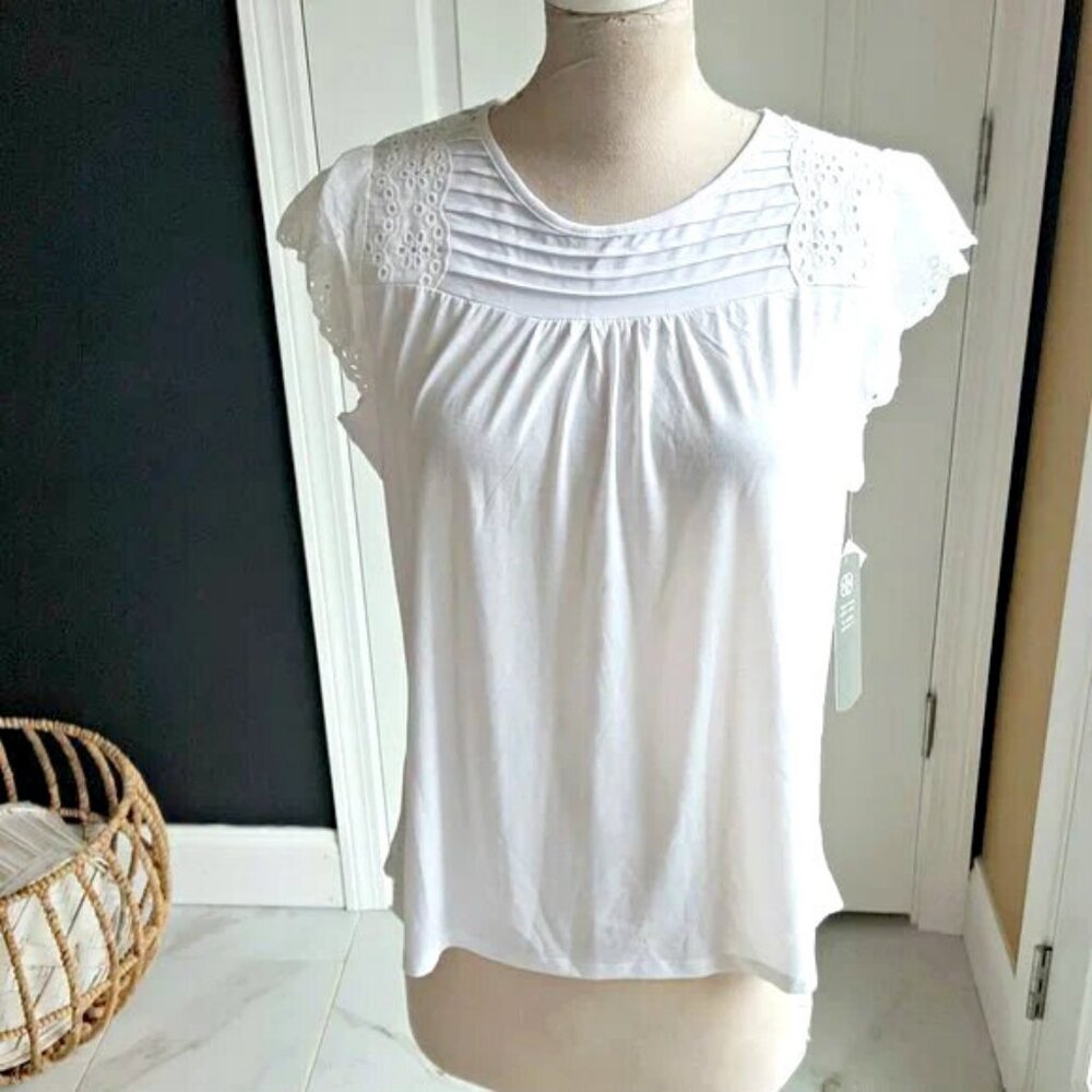 NEW! WHITE Eyelet SLEEVE Knit TEE SZ L